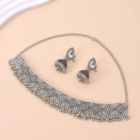 NewZenro Indian Jewelry Sets Flower Rectangle Beaded Tassel Necklace CZ Jhumka Dangle Drop Earrings for Women Vintage Ethnic Traditional Fashion Antique Bollywood Jewelry for Wedding Party in Saudi Arabia
