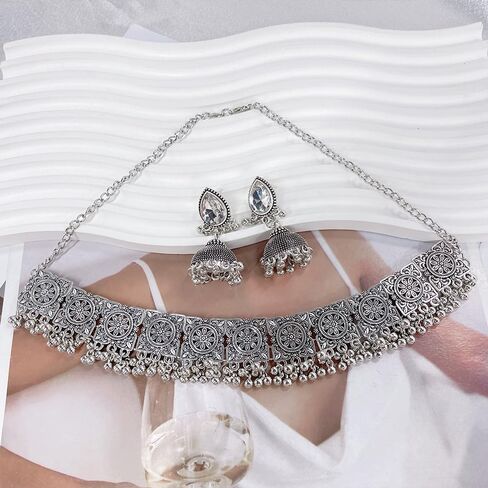 NewZenro Indian Jewelry Sets Flower Rectangle Beaded Tassel Necklace CZ Jhumka Dangle Drop Earrings for Women Vintage Ethnic Traditional Fashion Antique Bollywood Jewelry for Wedding Party in Saudi Arabia