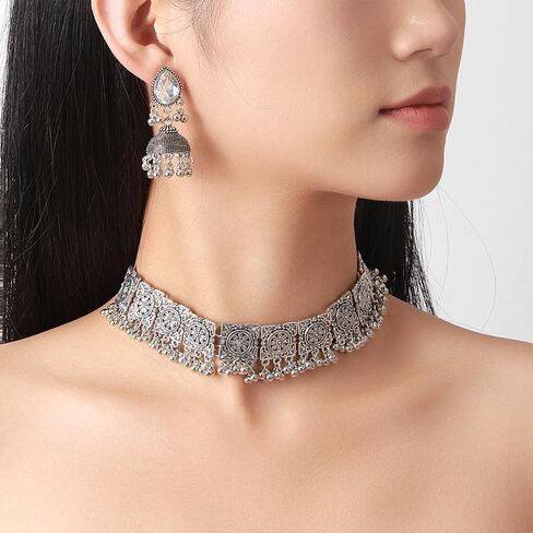 NewZenro Indian Jewelry Sets Flower Rectangle Beaded Tassel Necklace CZ Jhumka Dangle Drop Earrings for Women Vintage Ethnic Traditional Fashion Antique Bollywood Jewelry for Wedding Party in Saudi Arabia