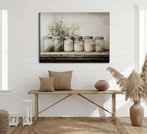 Farm Kitchen Canvas Wall Art Rustic Vintage Country Mason Jar Spice Still Life Culinary art Painting Picture Farmhouse Wall Decor Poster Print Artwork for Dining room Home Decoration in Saudi Arabia