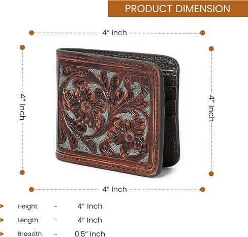 Illy Genuine Full Grain Leather Handtooled Hipster Wallet Floral Bi-Fold, Credit Card in Saudi Arabia