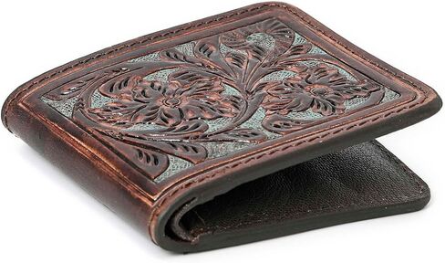 Illy Genuine Full Grain Leather Handtooled Hipster Wallet Floral Bi-Fold, Credit Card in Saudi Arabia