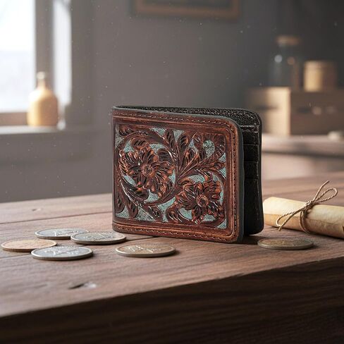 Illy Genuine Full Grain Leather Handtooled Hipster Wallet Floral Bi-Fold, Credit Card in Saudi Arabia
