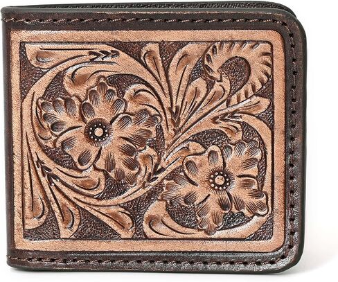 Illy Genuine Full Grain Leather Handtooled Hipster Wallet Floral Bi-Fold, Credit Card in Saudi Arabia