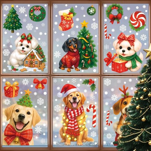 Christmas Window Clings Cute Dog Window Stickers Christmas Tree Snowflake Candy Reusable Double Sided Stickers for Winter Xmas Home Party Decorations Window Decals 143Pcs 6Sheet in Saudi Arabia