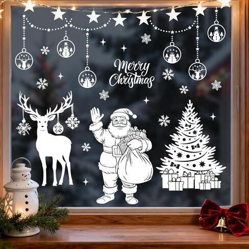 Mfault Merry Christmas Santa Claus White Window Clings 4 Sheets, Xmas Tree Reindeer Snowflake Ornament Ball Stickers Decals Decorations, Winter Holiday Gifts Home Kitchen Decor in Saudi Arabia