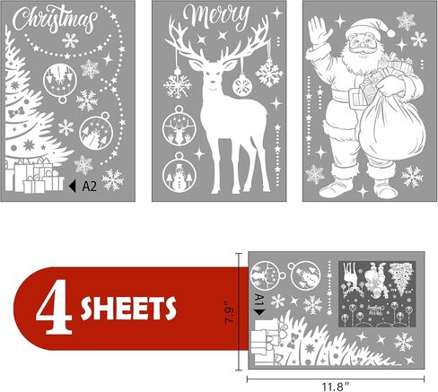 Mfault Merry Christmas Santa Claus White Window Clings 4 Sheets, Xmas Tree Reindeer Snowflake Ornament Ball Stickers Decals Decorations, Winter Holiday Gifts Home Kitchen Decor in Saudi Arabia