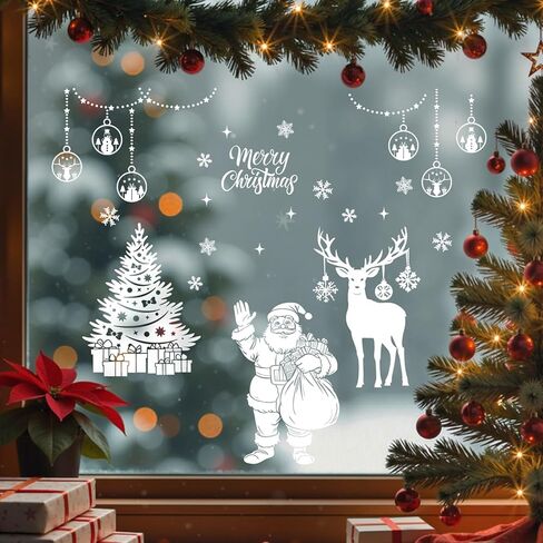 Mfault Merry Christmas Santa Claus White Window Clings 4 Sheets, Xmas Tree Reindeer Snowflake Ornament Ball Stickers Decals Decorations, Winter Holiday Gifts Home Kitchen Decor in Saudi Arabia
