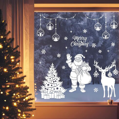 Mfault Merry Christmas Santa Claus White Window Clings 4 Sheets, Xmas Tree Reindeer Snowflake Ornament Ball Stickers Decals Decorations, Winter Holiday Gifts Home Kitchen Decor in Saudi Arabia