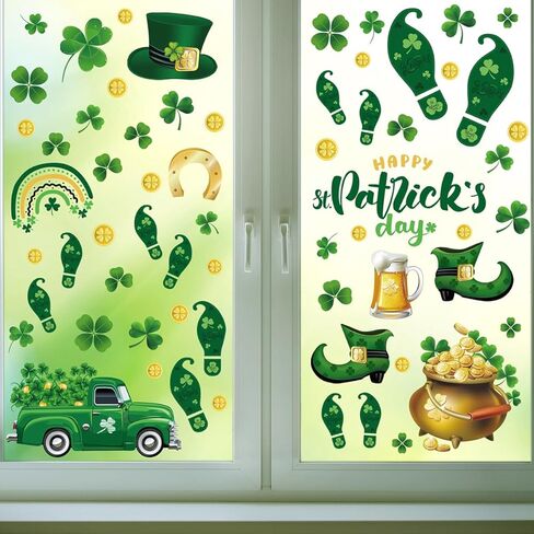 Doneace 92PCS St Patricks Day Window Cling Sticker, 9 Sheets Green Shamrock Truck Golden Coins Reusable Window Decal for St Patricks Day Party Supplies Decoration in Kuwait