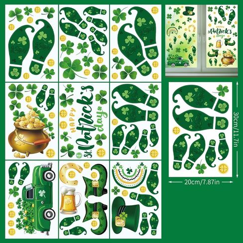 Doneace 92PCS St Patricks Day Window Cling Sticker, 9 Sheets Green Shamrock Truck Golden Coins Reusable Window Decal for St Patricks Day Party Supplies Decoration in Kuwait