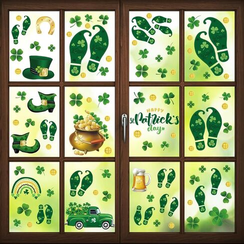 Doneace 92PCS St Patricks Day Window Cling Sticker, 9 Sheets Green Shamrock Truck Golden Coins Reusable Window Decal for St Patricks Day Party Supplies Decoration in Kuwait