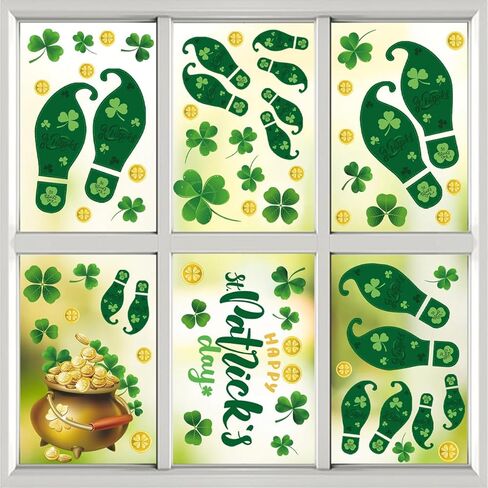 Doneace 92PCS St Patricks Day Window Cling Sticker, 9 Sheets Green Shamrock Truck Golden Coins Reusable Window Decal for St Patricks Day Party Supplies Decoration in Kuwait