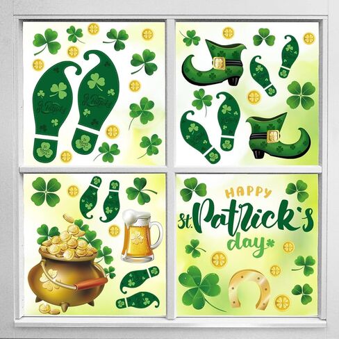 Doneace 92PCS St Patricks Day Window Cling Sticker, 9 Sheets Green Shamrock Truck Golden Coins Reusable Window Decal for St Patricks Day Party Supplies Decoration in Kuwait