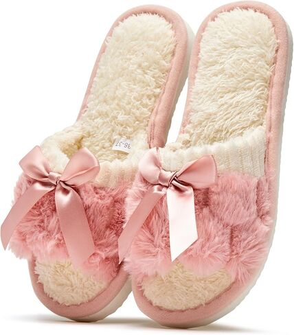 شبشب JAEWOMO ناعم من القطيفة على شكل فيونكة للنساء، حذاء داخلي مريح فروي غير قابل للانزلاق مفتوح عند الأصابع مع حزام قابل للتعديل، حذاء مريح للمنزل بألوان متعددة in Kuwait