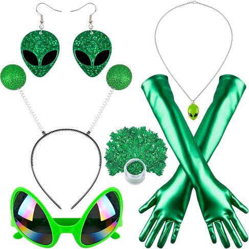 Alien Headband & Costume Set for Women - 6pcs Halloween Accessories, Silver Headband & Rainbow Lens Glasses & Gloves & Necklace & Earrings in Saudi Arabia