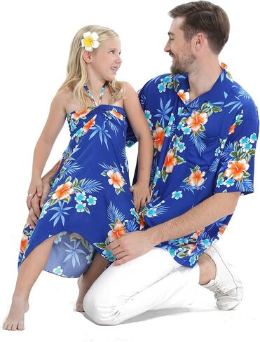 Matchable Hawaiian Luau Father Daughter Men Shirt or Girl Halter Dress in Hibiscus Blue in Saudi Arabia