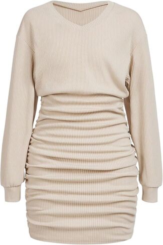 SOLY HUX Girl's Fall Dresses V Neck Long Sleeve Ruched Knit Bodycon Pencil Short Dress in Saudi Arabia
