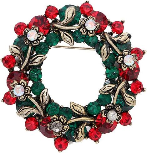 Women's Vintage Wreath Merry Christmas Holiday Brooch Pin Inspired Red Green Crystal Cute Christmas New Year Acessories Brooches Sparkling Dress Clothing Corsage Bags Hat Decoration Tiered Leaf Scarf Scarves Clip Xmas Gift for Girls Women in Saudi Arabia