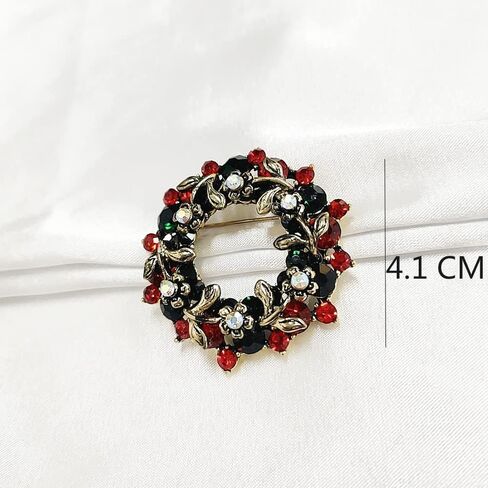 Women's Vintage Wreath Merry Christmas Holiday Brooch Pin Inspired Red Green Crystal Cute Christmas New Year Acessories Brooches Sparkling Dress Clothing Corsage Bags Hat Decoration Tiered Leaf Scarf Scarves Clip Xmas Gift for Girls Women in Saudi Arabia