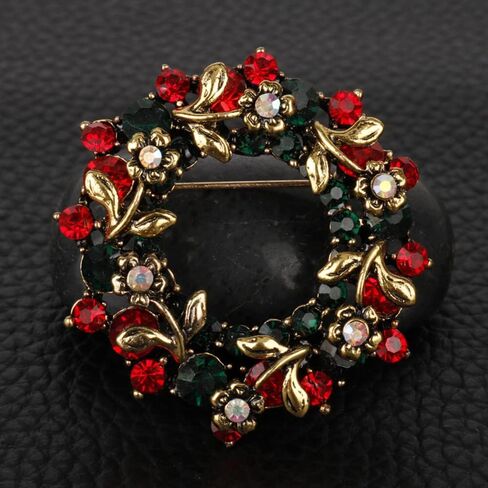 Women's Vintage Wreath Merry Christmas Holiday Brooch Pin Inspired Red Green Crystal Cute Christmas New Year Acessories Brooches Sparkling Dress Clothing Corsage Bags Hat Decoration Tiered Leaf Scarf Scarves Clip Xmas Gift for Girls Women in Saudi Arabia