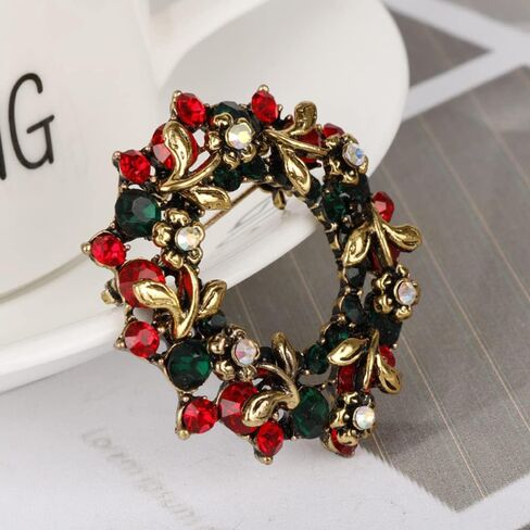 Women's Vintage Wreath Merry Christmas Holiday Brooch Pin Inspired Red Green Crystal Cute Christmas New Year Acessories Brooches Sparkling Dress Clothing Corsage Bags Hat Decoration Tiered Leaf Scarf Scarves Clip Xmas Gift for Girls Women in Saudi Arabia