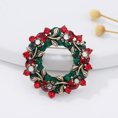 Women's Vintage Wreath Merry Christmas Holiday Brooch Pin Inspired Red Green Crystal Cute Christmas New Year Acessories Brooches Sparkling Dress Clothing Corsage Bags Hat Decoration Tiered Leaf Scarf Scarves Clip Xmas Gift for Girls Women in Saudi Arabia