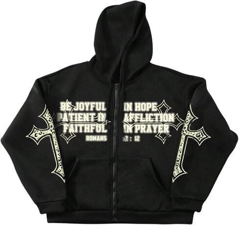 Floerns Men's Goth Zip Up Hoodie Long Sleeve Cross Print Vintage Streetwear Hooded Sweatshirts Jacket in Saudi Arabia