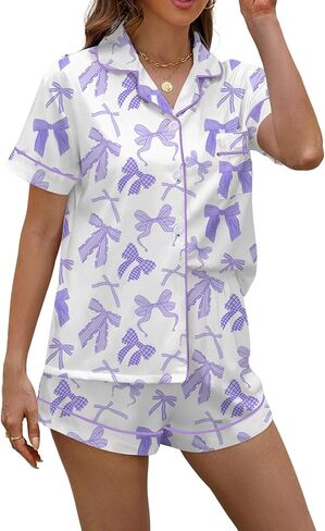 PUNINGXS Women's Pajama Set Short Sleeved Button Top and Shorts Cute Pjs with Chest Pocket Two Piece Jammies Outfits Set in Saudi Arabia