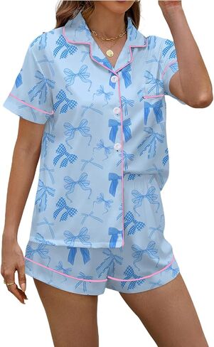 PUNINGXS Women's Pajama Set Short Sleeved Button Top and Shorts Cute Pjs with Chest Pocket Two Piece Jammies Outfits Set in Saudi Arabia