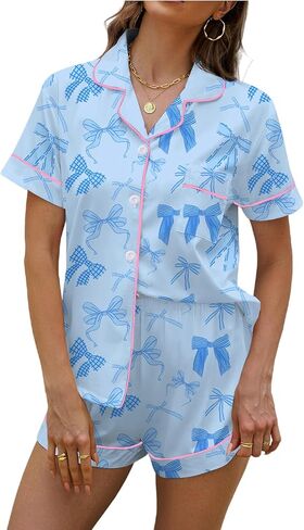 PUNINGXS Women's Pajama Set Short Sleeved Button Top and Shorts Cute Pjs with Chest Pocket Two Piece Jammies Outfits Set in Saudi Arabia