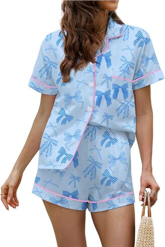 PUNINGXS Women's Pajama Set Short Sleeved Button Top and Shorts Cute Pjs with Chest Pocket Two Piece Jammies Outfits Set in Saudi Arabia