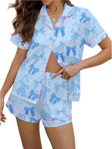 PUNINGXS Women's Pajama Set Short Sleeved Button Top and Shorts Cute Pjs with Chest Pocket Two Piece Jammies Outfits Set in Saudi Arabia