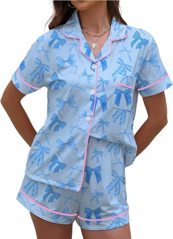 PUNINGXS Women's Pajama Set Short Sleeved Button Top and Shorts Cute Pjs with Chest Pocket Two Piece Jammies Outfits Set in Saudi Arabia