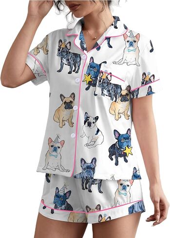 PUNINGXS Women's Pajama Set Short Sleeved Button Top and Shorts Cute Pjs with Chest Pocket Two Piece Jammies Outfits Set in Saudi Arabia