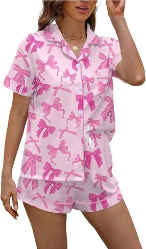 PUNINGXS Women's Pajama Set Short Sleeved Button Top and Shorts Cute Pjs with Chest Pocket Two Piece Jammies Outfits Set in Saudi Arabia
