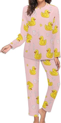 Deiubuc Women's Cute Yellow Rubber Ducks Pajama Sets Long Sleeve Sleepwear Loungewear Soft Pajamas for Women Set S in Saudi Arabia