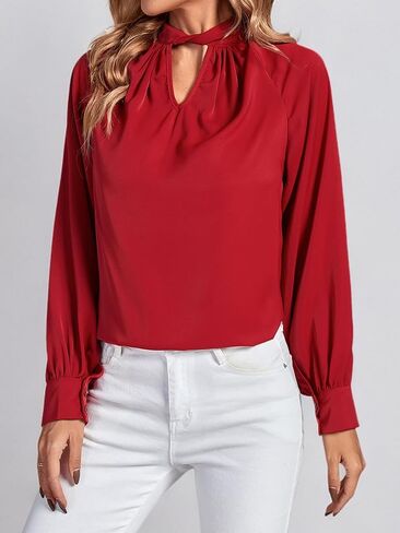 LYANER Women's Twist Hollow Out Front Mock Neck Keyhole Back Long Sleeve Office Blouse Shirt Top in Saudi Arabia