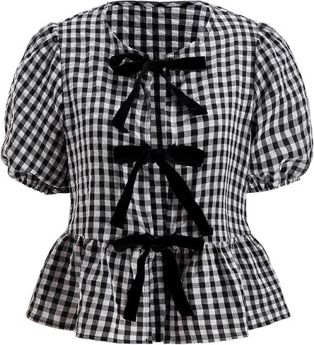 winkbay Women's Gingham Peplum Cute Blouses Summer Bow Crew Neck Babydoll Going Out Tops in Saudi Arabia