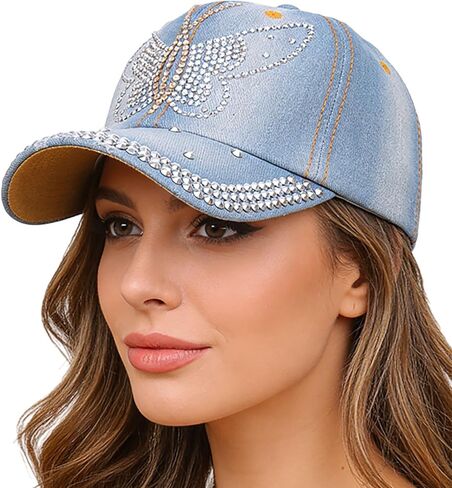 Rhinestone Denim Baseball Cap for Women Fashion Sun Hat Metal Buckle Adjustable Bling Diamond Traveling Hat in Kuwait