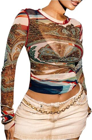 GORGLITTER Women's Paisley Print Sheer Mesh Crop Tops Y2K Long Sleeve Crewneck Slim T Shirt in Saudi Arabia