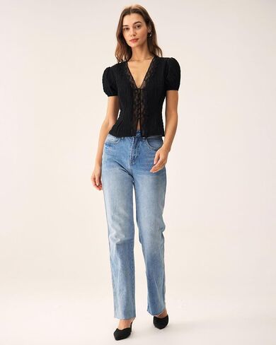 RIHOAS Black Jacquard Lace Button Blouse - Women's Fall Winter Must-Have, Business Casual Tops & Tees in Saudi Arabia
