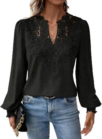 Women's V-Neck Flowing lace Fashion Solid Color Long-Sleeved Casual Trendy top in Kuwait
