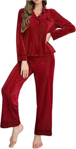 WDIRARA Women's Velvet 2 Piece Pajama Set Long Sleeve Button Down Pants Pjs Sleepwear in Saudi Arabia