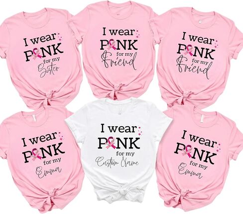 قميص I Wear Pink for My Custom Name - تي شيرت مخصص للتوعية بسرطان الثدي، قميص دعم بشريط وردي، هدية مخصصة للناجين للأم أو الأخت أو الصديق in Kuwait