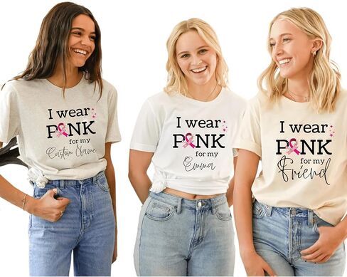 قميص I Wear Pink for My Custom Name - تي شيرت مخصص للتوعية بسرطان الثدي، قميص دعم بشريط وردي، هدية مخصصة للناجين للأم أو الأخت أو الصديق in Kuwait