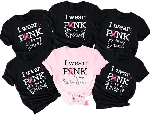 قميص I Wear Pink for My Custom Name - تي شيرت مخصص للتوعية بسرطان الثدي، قميص دعم بشريط وردي، هدية مخصصة للناجين للأم أو الأخت أو الصديق in Kuwait