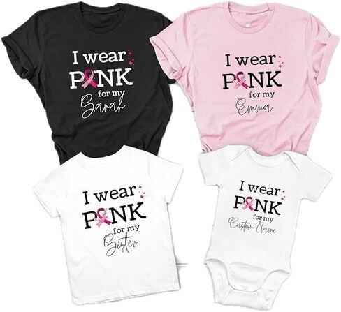 قميص I Wear Pink for My Custom Name - تي شيرت مخصص للتوعية بسرطان الثدي، قميص دعم بشريط وردي، هدية مخصصة للناجين للأم أو الأخت أو الصديق in Kuwait