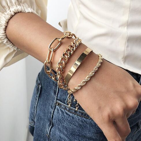 Chain Bracelets Set for Women - 18K Real Gold Plated Link Chain, Trendy Stackable Cuff Bracelets, Adjustable Jewelry Gifts in Saudi Arabia
