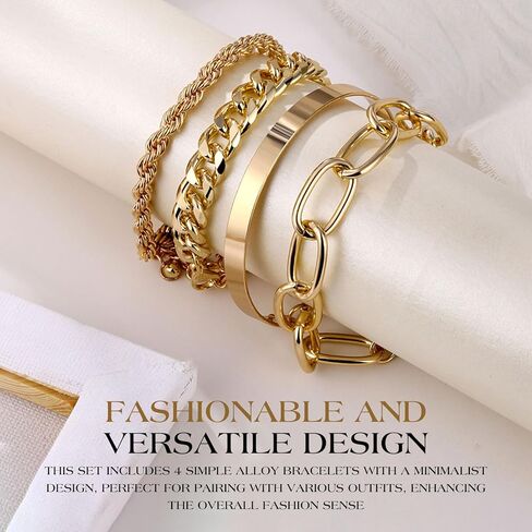 Chain Bracelets Set for Women - 18K Real Gold Plated Link Chain, Trendy Stackable Cuff Bracelets, Adjustable Jewelry Gifts in Saudi Arabia